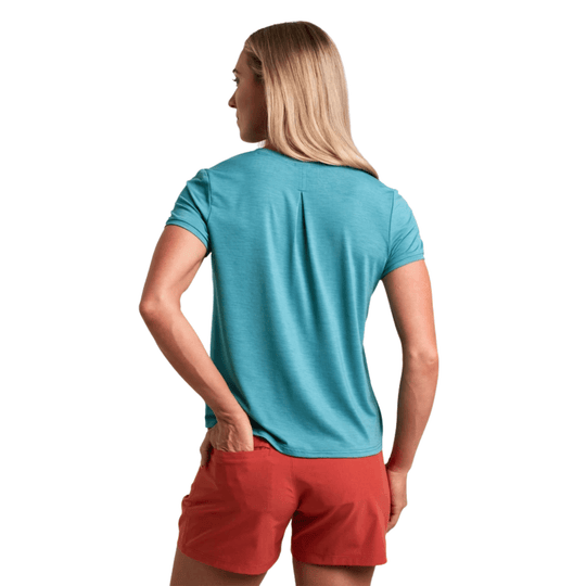 Teal short-sleeve T-shirt shown from the back with coral shorts