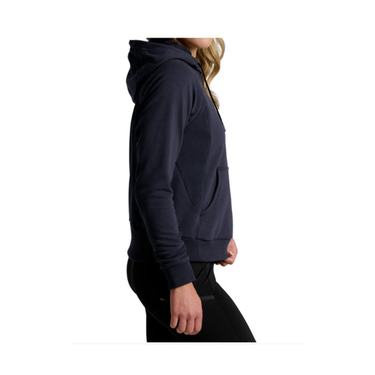 Black hooded pullover sweatshirt with kangaroo pocket, shown from the side