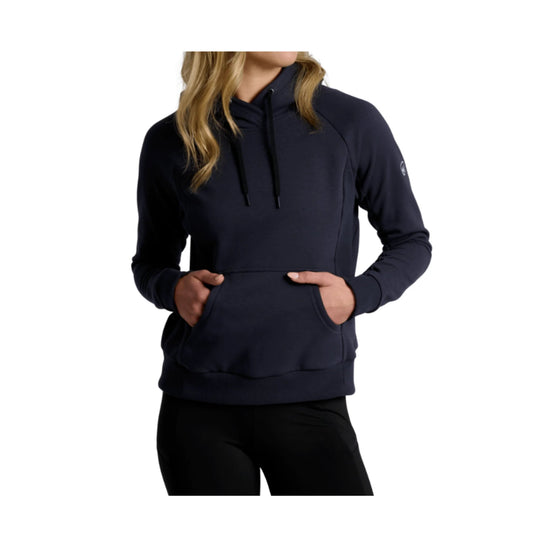 Black pullover hoodie with front kangaroo pocket and drawstring hood