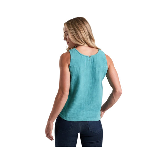 Turquoise sleeveless textured tank top with a keyhole button closure on the back, shown from behind