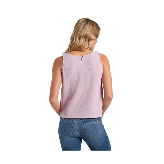 Light lavender sleeveless tank top shown from the back with a small keyhole detail and button closure