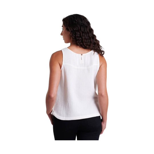 White sleeveless textured top with a back button closure, shown from the back