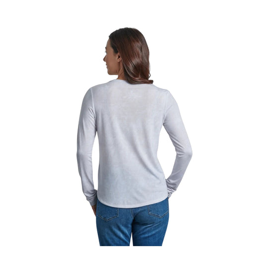 Light gray long-sleeve crewneck shirt shown from the back with a straight hem