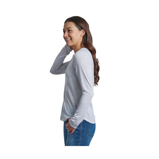 Light gray long-sleeve shirt shown in side view on a model