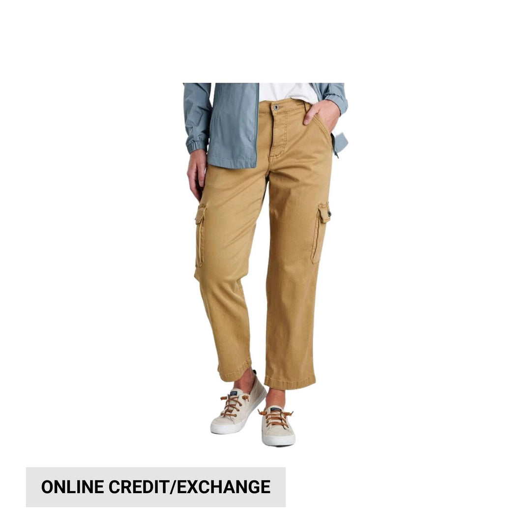 Tan cropped cargo pants with side pockets, shown with sneakers