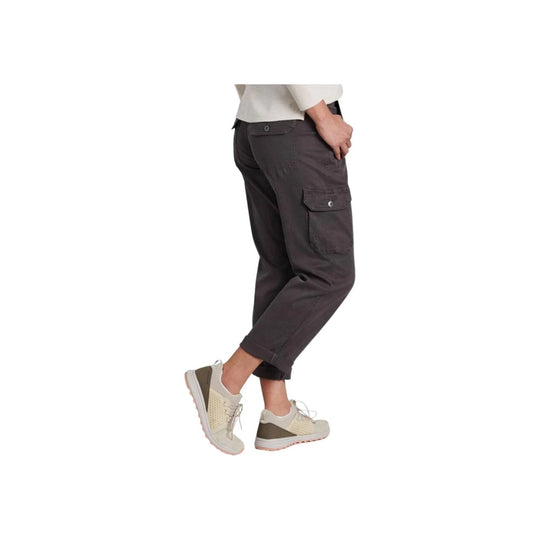Dark gray cropped cargo pants with side pockets, shown on a model with rolled cuffs.