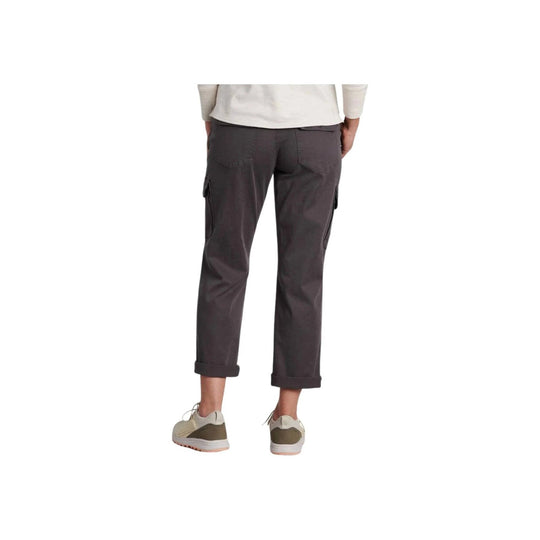 Dark gray cropped cargo pants worn with cuffs rolled up, shown from the back