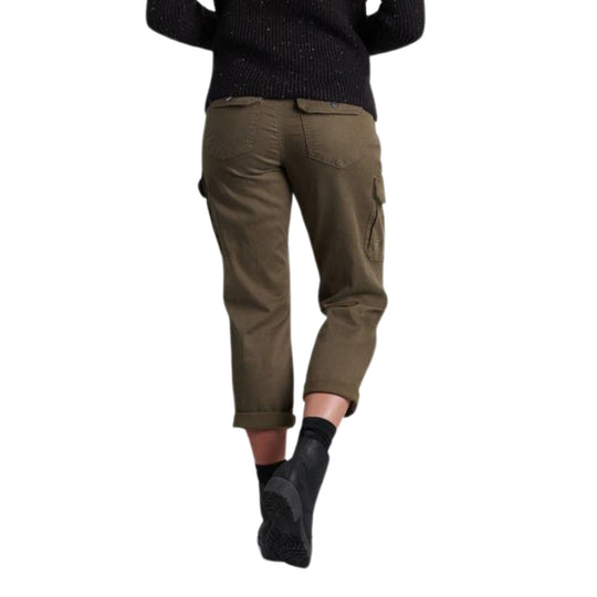 Olive cargo crop pants with rolled cuffs, back pockets, and side cargo pocket, shown from behind