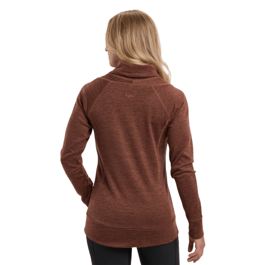 Back view of a brown long-sleeve turtleneck pullover with raglan seams and a small logo on the upper back