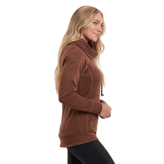 Brown long-sleeve pullover with a stand collar and side seam pockets