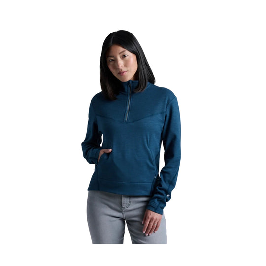 Women’s teal half-zip pullover with long sleeves and a front kangaroo pocket