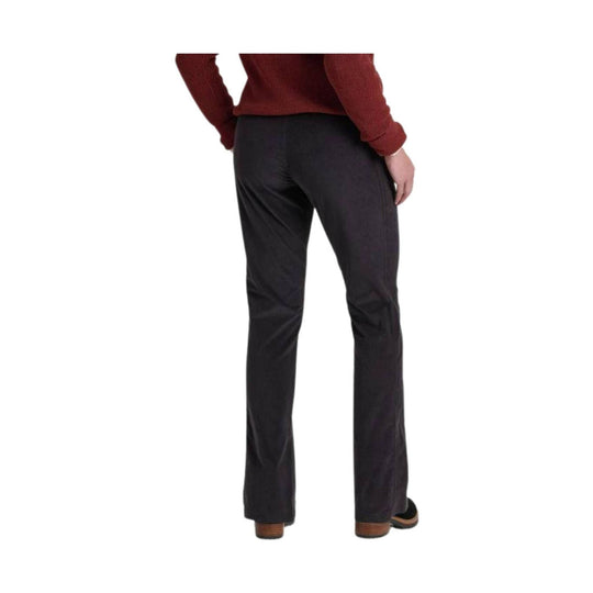 Black straight-leg corduroy pants shown from the back with cropped hem
