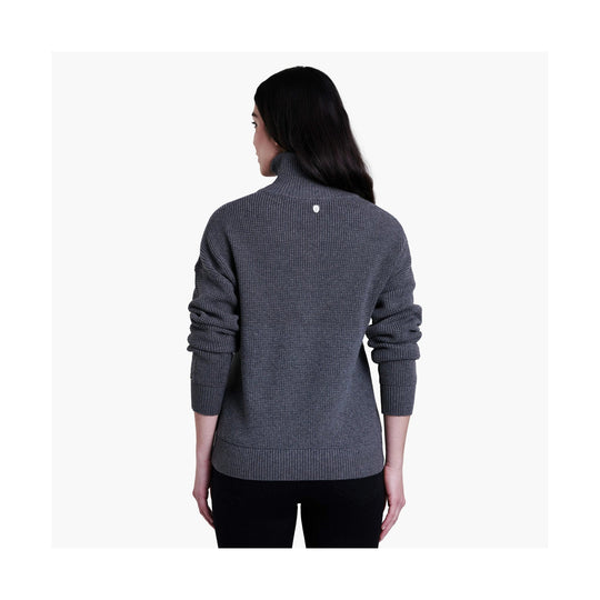 Gray knit turtleneck sweater shown from the back