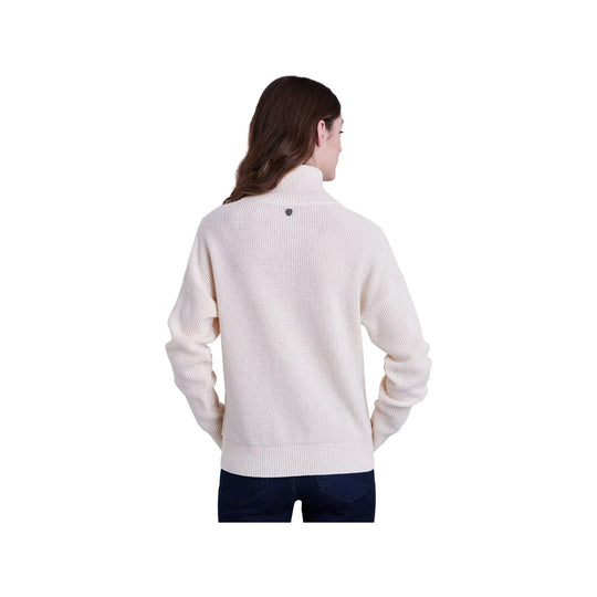 Cream knit sweater shown from the back with a high ribbed collar and ribbed hem