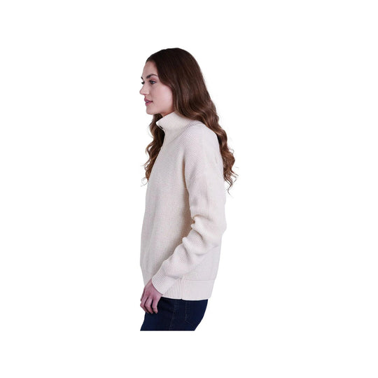 Cream turtleneck sweater shown in side profile