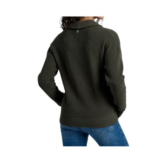 Dark olive ribbed knit sweater shown from the back with long sleeves and a ribbed collar