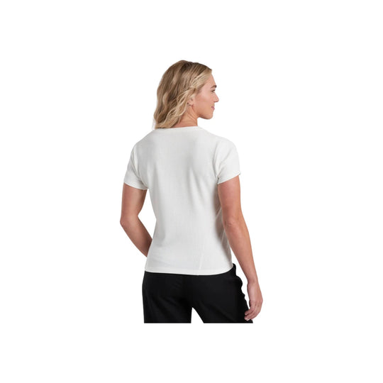 White short-sleeve women’s top shown from the back