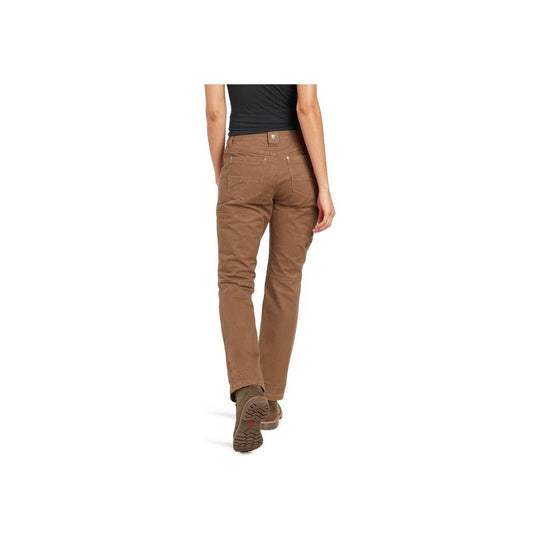 Brown women's pants shown from the back with back pockets and straight legs