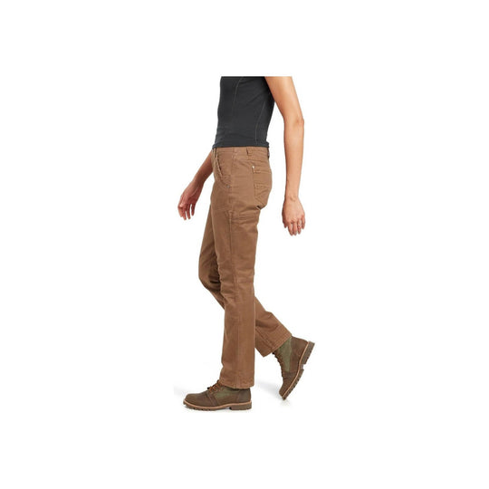 Side-view brown straight-leg pants on a model