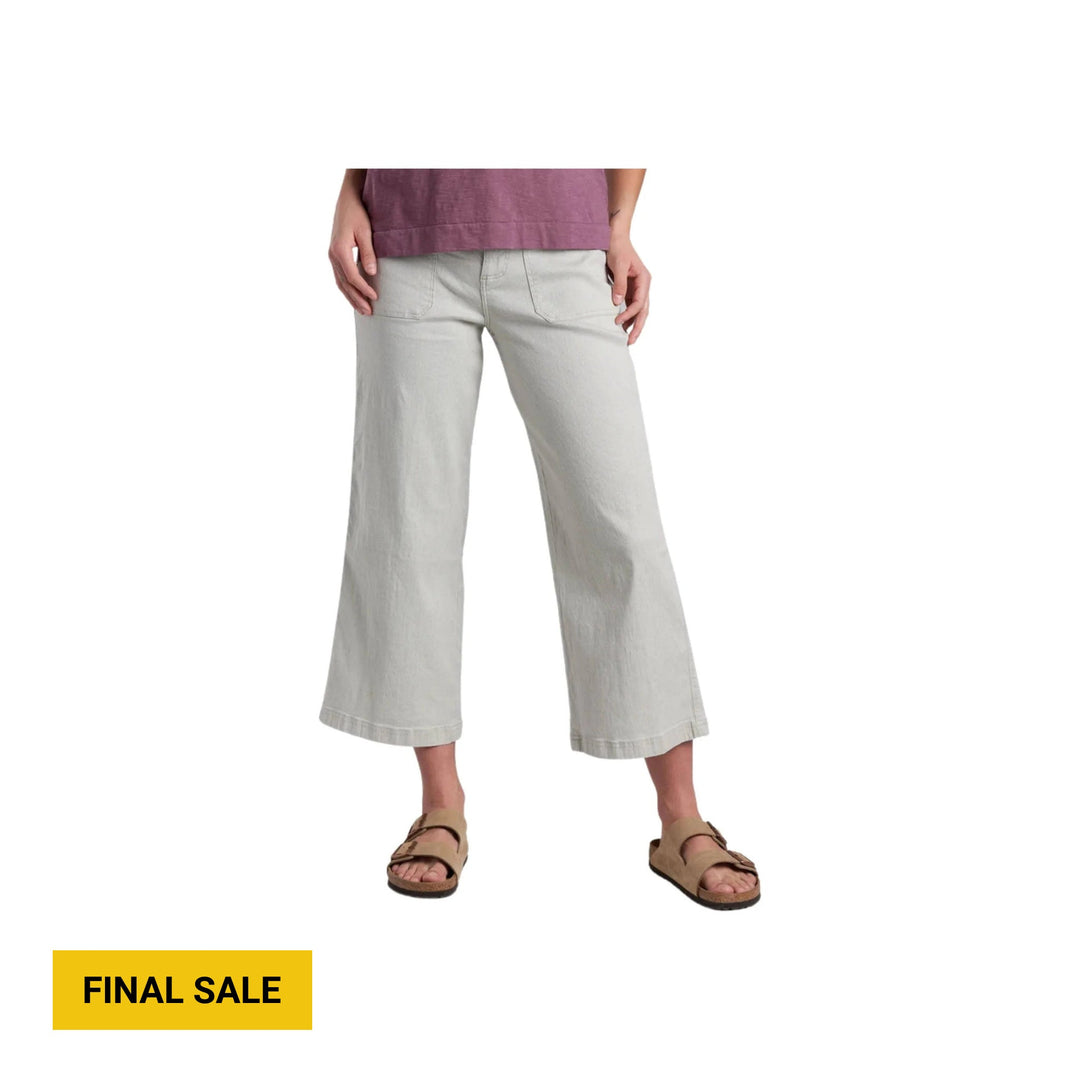 Light gray wide-leg cropped pants with front patch pockets and a raw hem