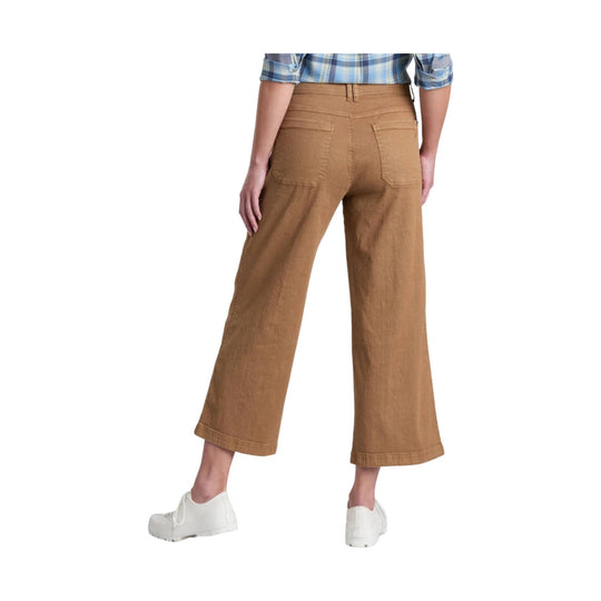 Brown wide-leg cropped pants shown from the back, with five-pocket styling and white shoes