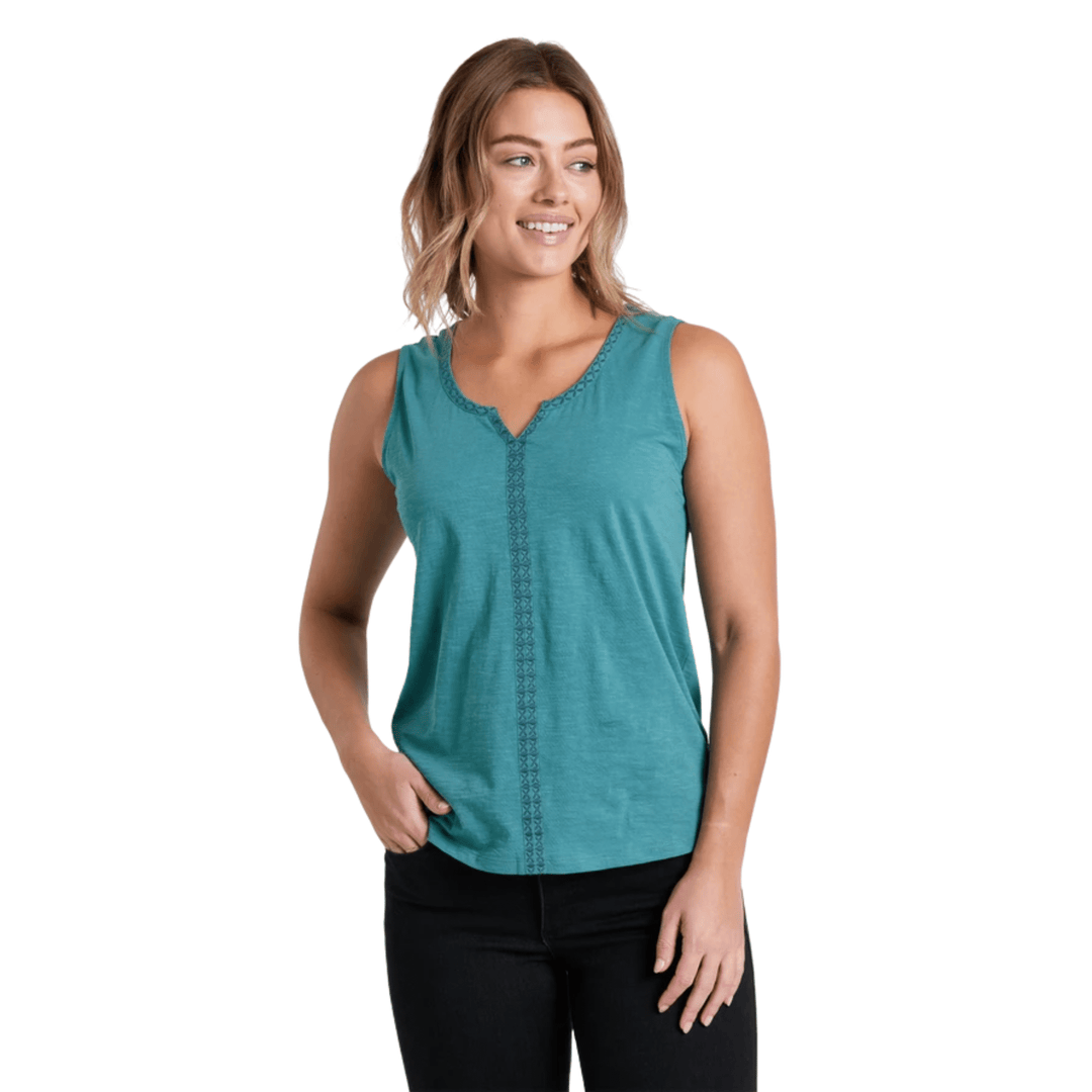 Sleeveless teal tank top with split neckline and vertical embroidered trim, shown on a model