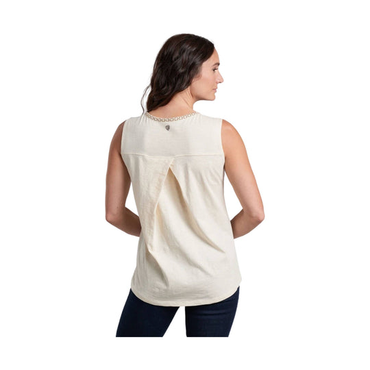 Cream sleeveless tank top shown from the back with a draped open-back detail