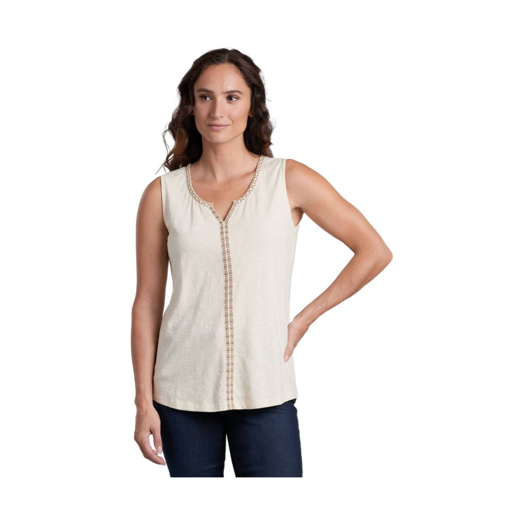 Sleeveless cream tank top with embroidered trim and notch neckline