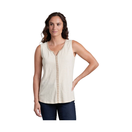 Sleeveless cream tank top with embroidered trim and notch neckline
