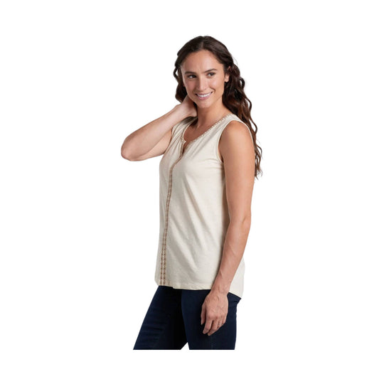 Cream sleeveless tank top with embroidered neckline and front trim