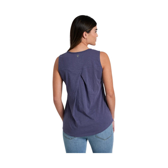 Sleeveless purple tank top shown from the back on a model