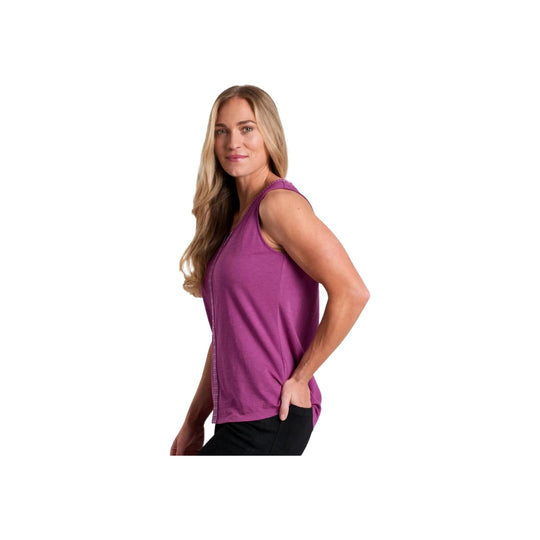 Woman wearing a sleeveless purple tank top with a scoop neckline