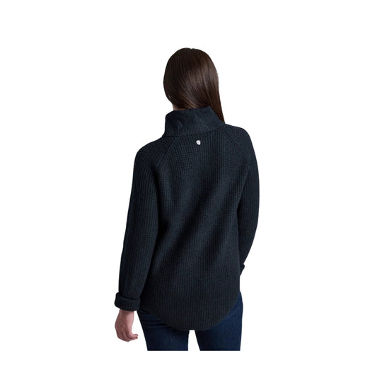 Dark ribbed turtleneck sweater shown from the back