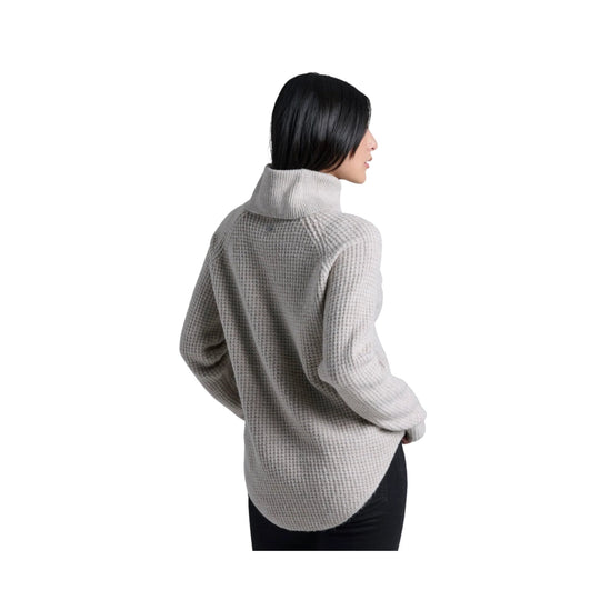 Light gray waffle-knit turtleneck sweater shown from the back