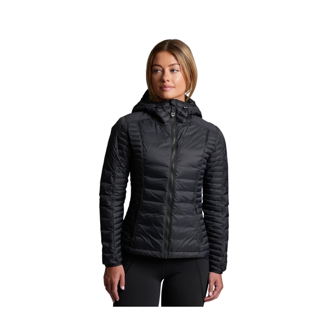 Black hooded zip-up puffer jacket with quilted sleeves and a fitted silhouette