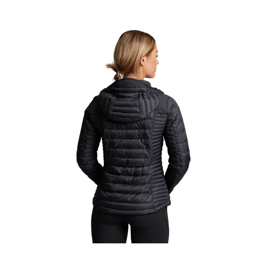 Black quilted hooded puffer jacket shown from the back