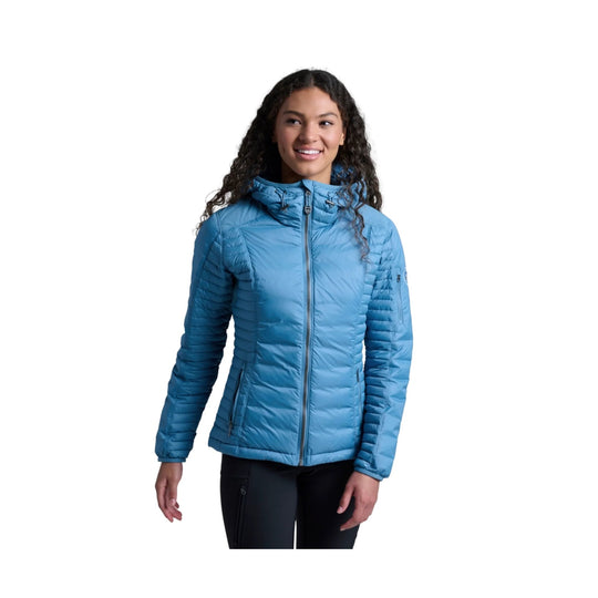 Blue quilted hooded puffer jacket with front zipper and zip pockets