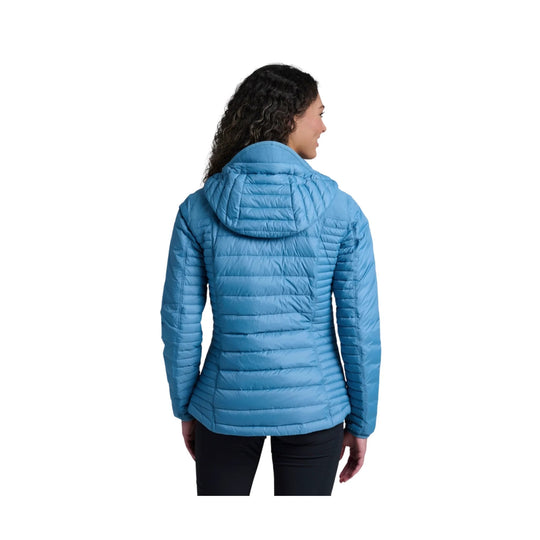 Blue quilted hooded puffer jacket shown from the back