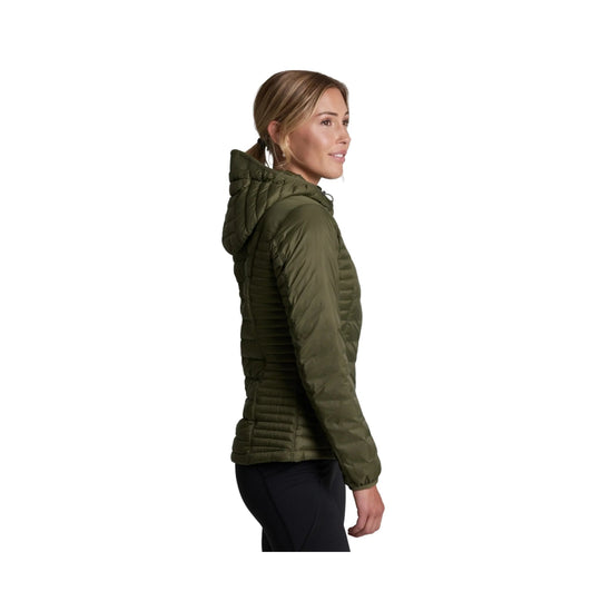 Olive quilted women's hooded jacket shown in side profile