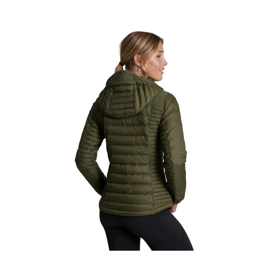 Olive quilted hooded puffer jacket shown from the back
