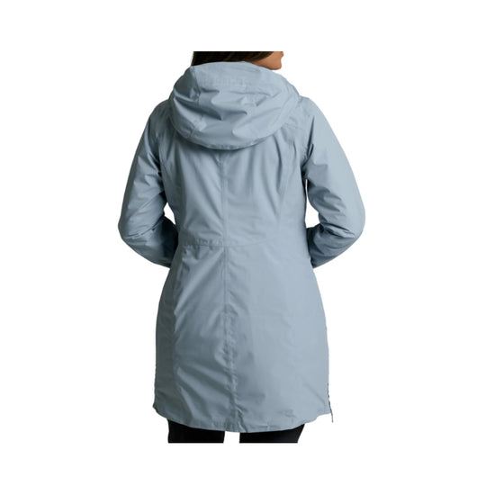 Light blue hooded insulated women’s jacket shown from the back