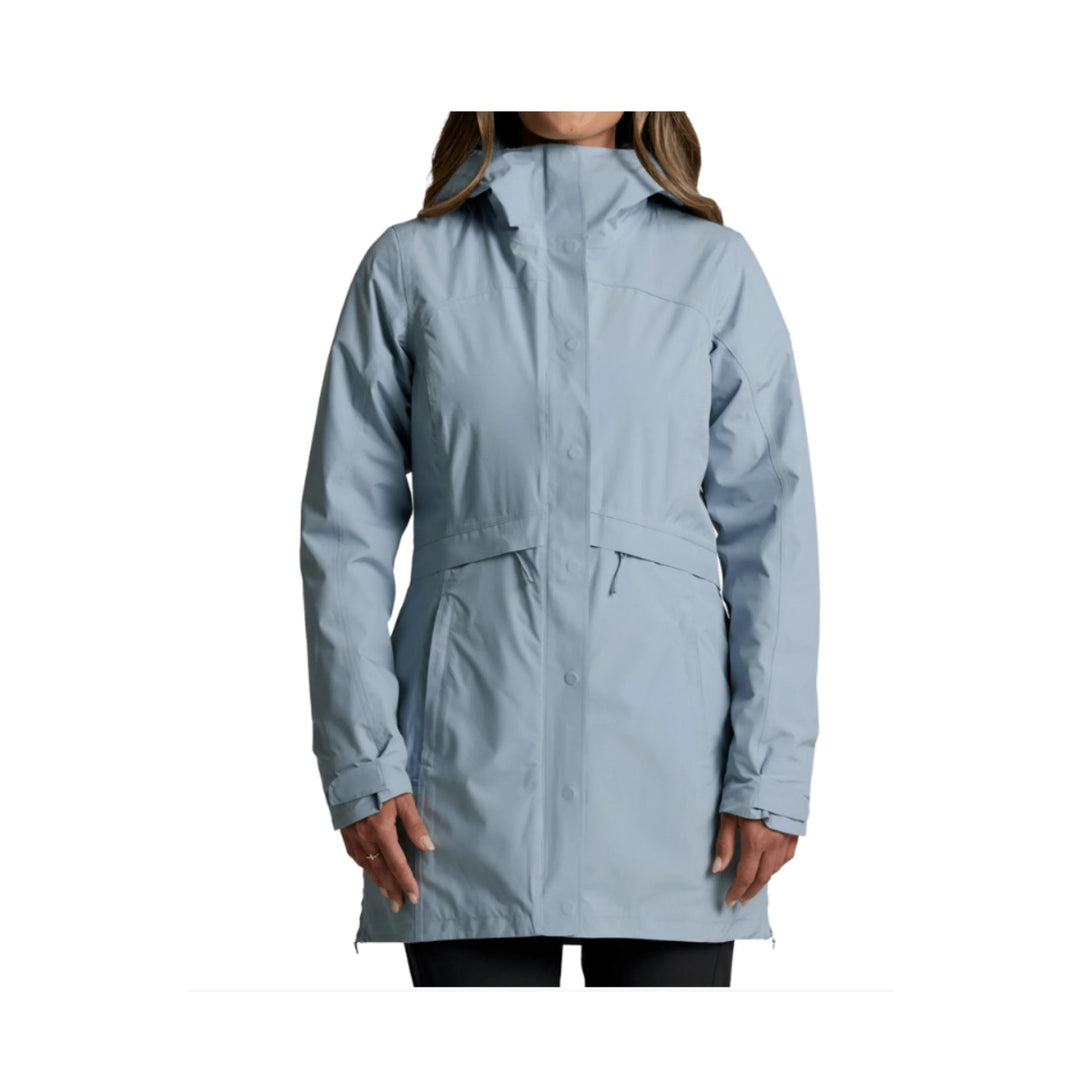 Light blue hooded longline insulated jacket with snap front and drawcord hem