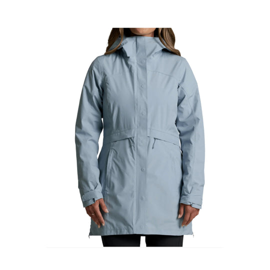 Light blue hooded longline insulated jacket with snap front and drawcord hem