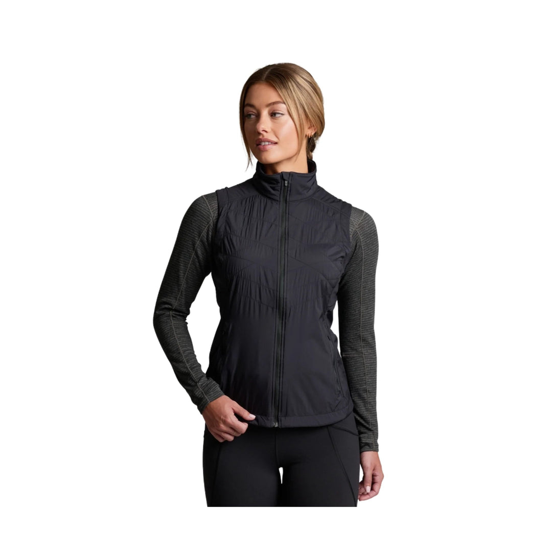 Black quilted zip-front vest with long charcoal textured sleeves