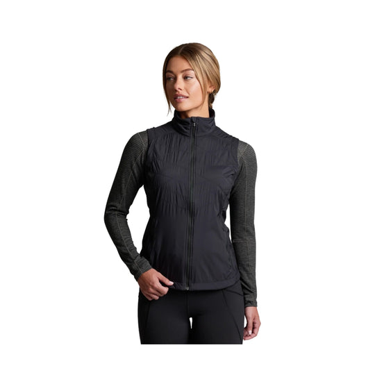 Black quilted zip-front vest with long charcoal textured sleeves