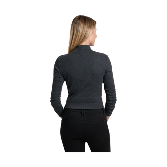 Charcoal long-sleeve ribbed mock neck top shown from the back on a model