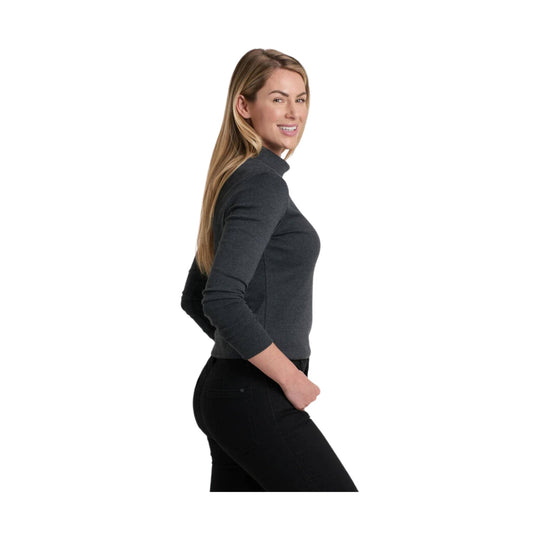 Charcoal long-sleeve ribbed top with a mock neck and fitted silhouette, shown in side view