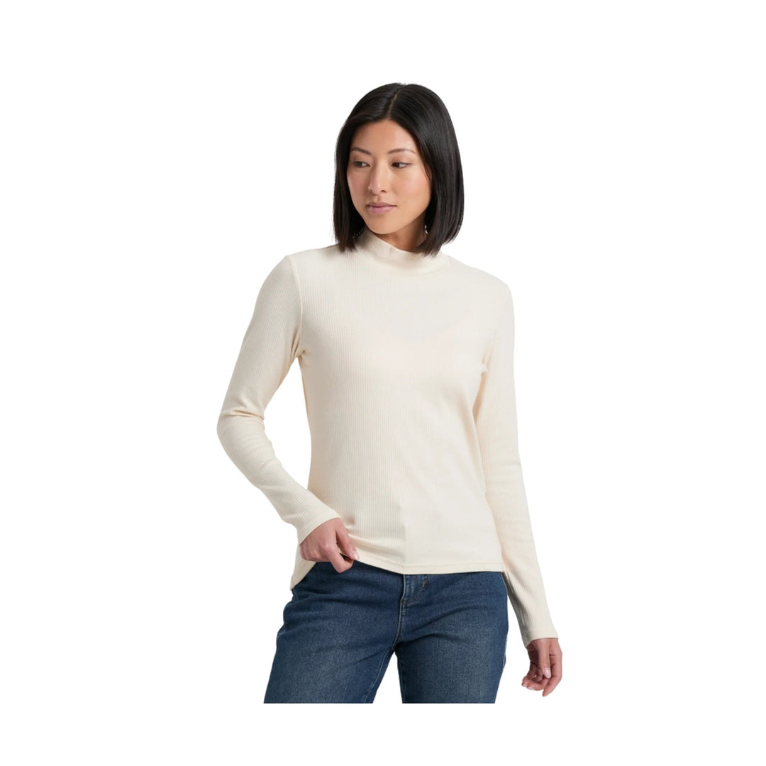 Cream ribbed long-sleeve mock neck top with a fitted silhouette