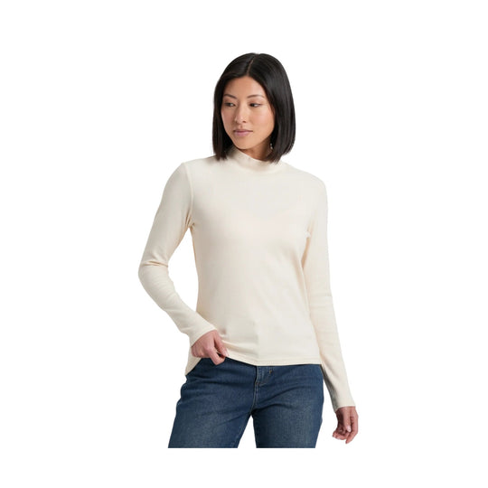 Cream ribbed long-sleeve mock neck top with a fitted silhouette