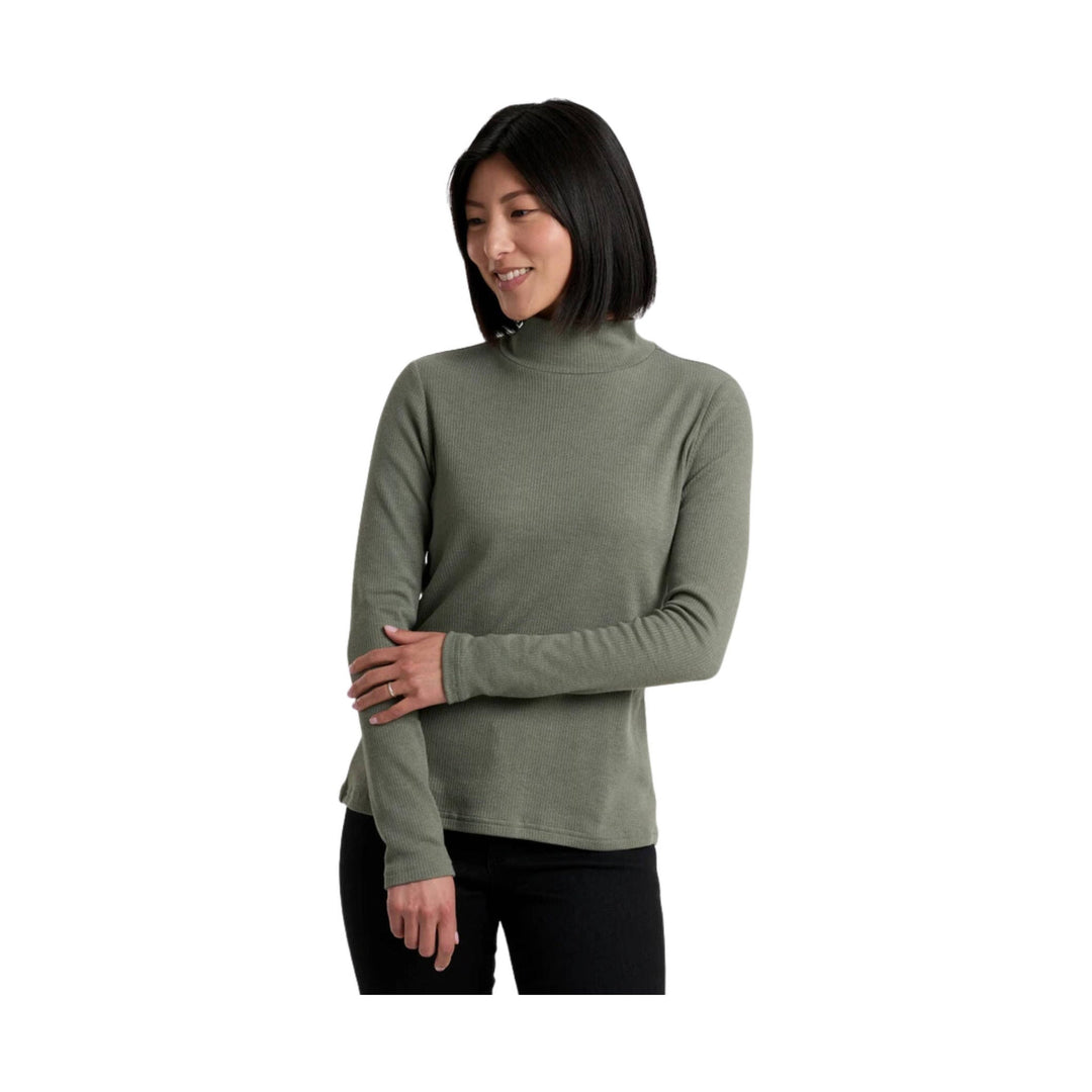 Olive green ribbed mock neck long sleeve shirt on a model